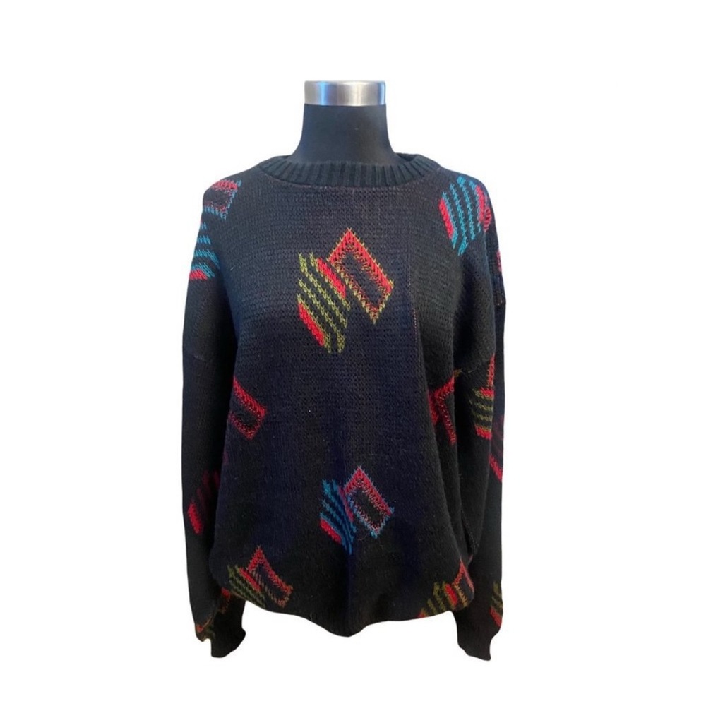 Vintage Geometric Patterned Black Sweater made USA XL
